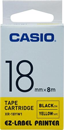Casio XR-18YW1 Etiket Yazıcısı Kartuşu Sarı Zemin Üzerine Siyah Baskı 18MM Yükseklik - 8 Metre Uzunl