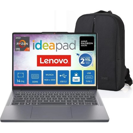 Lenovo Ideapad Slim 3 14ARP10 Amd Ryzen 7 170 16GB Ddr5 512GB SSD Radeon™ 680M 14" Wuxga IPS 300NITS Windows 11 Home Taşınabilir Bilgisayar 83K6006JTR + Snertech Çanta