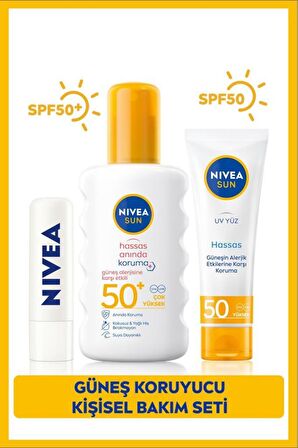 Nivea Sun Hassas Güneş Koruyucu Sprey Spf50 200ml, Yüz Güneş Koruyucu 50ml, Renksiz Dudak Bakım Kremi