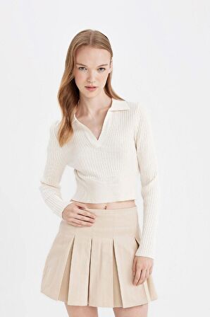 DeFacto Coool Slim Fit Dar Kesim Polo Yaka Crop Triko Kazak X4929AZ24AUER103