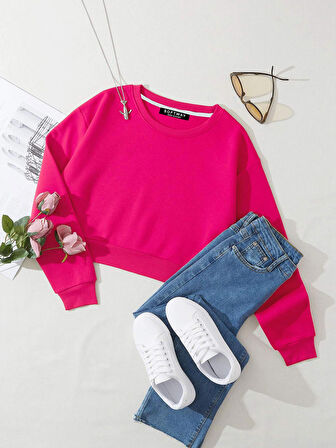 Kadın Basic Crop İçi Polarlı Oversize Sweatshirt - FUŞYA