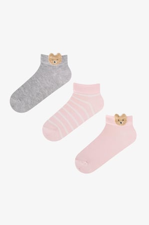 Beyaz Gri Pembe Cute Teddy Bear Pamuklu 3 Çift Patik Çorap