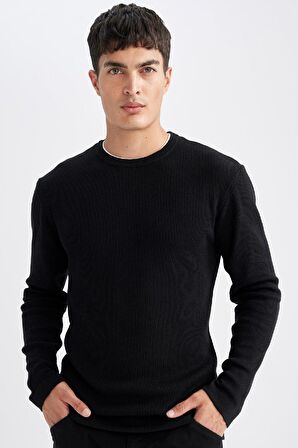 DeFacto Relax Fit Bisiklet Yaka Yaka İçi Penye Detaylı Pamuklu Triko Kazak D3290AX24AUBK27