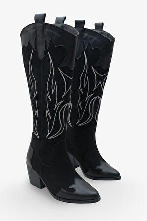 Kadın Sivri Burun Nakışlı Western Çizme Kovcey Siyah 