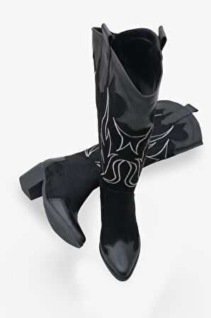 Kadın Sivri Burun Nakışlı Western Çizme Kovcey Siyah 