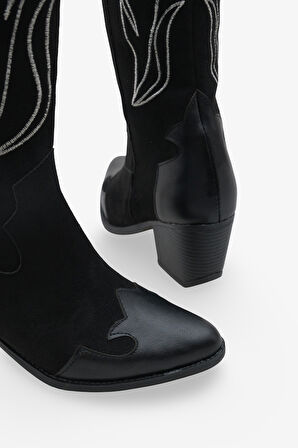 Kadın Sivri Burun Nakışlı Western Çizme Kovcey Siyah 