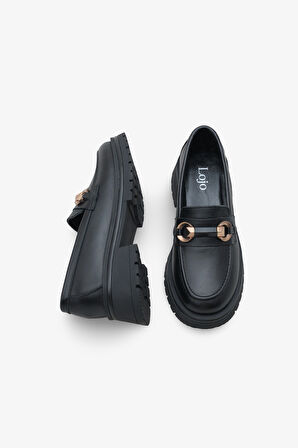 Kadın Hakiki Deri Loafer Gold Tokalı Yüksek Taban Günlük Ayakkabı Kyles Siyah