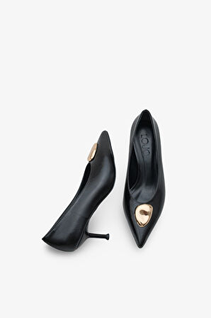 Kadın Sivri Burun Gold Tokalı Günlük Topuklu Stiletto Peris Siyah