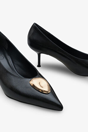 Kadın Sivri Burun Gold Tokalı Günlük Topuklu Stiletto Peris Siyah