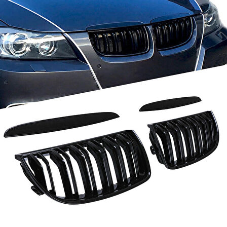BMW 3 Serisi E90 M3 Uyumlu Panjur Böbrek Seti Parlak Siyah (2005-2008 Sağ-Sol)