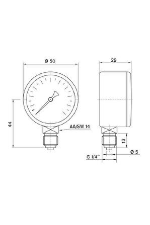 Çap 50 0/6 Bar Kuru Tip Basınç Ölçer, Manometre, Basınç Göstergesi 1/4''