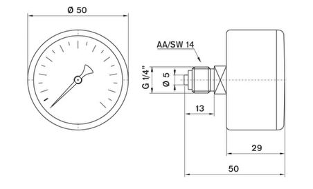 Pakkens 0-4 Bar 50 mm Arkadan Bağlantılı Kuru Manometre G 1/8 inç