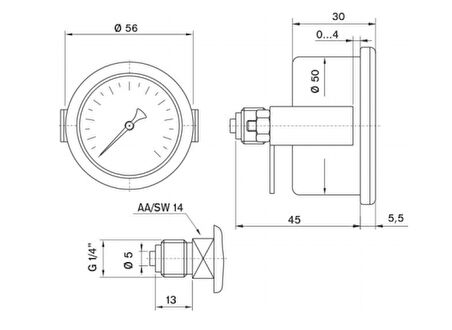 Pakkens 0-4 Bar 50 mm Panotipi Arkadan Bağlantılı Kuru Manometre G 1/8 inç