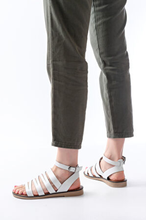 205-041 Beyaz Ortopedik Hakiki Deri Kadın Sandalet