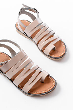 205-041 Bej Ortopedik Hakiki Deri Kadın Sandalet 