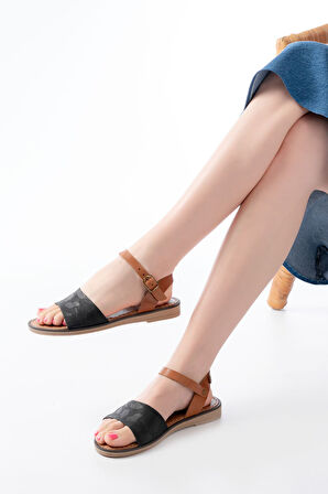 205-012 Siyah Ortopedik Hakiki Deri Kadın Sandalet  