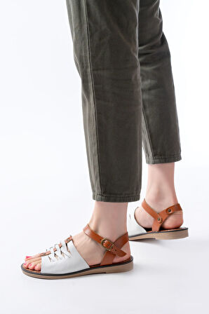 205-029 Beyaz Ortopedik Hakiki Deri Kadın Sandalet 