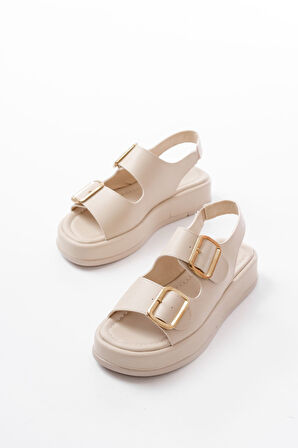 1187 Bej Dolgu Topuk Lastik Baretli  Kadın Sandalet 