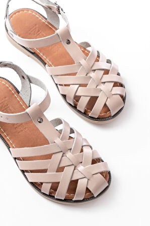 205-02 Bej Ortopedik Hakiki Deri Kadın Sandalet 