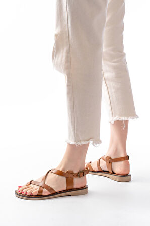 205-08 Taba Ortopedik Hakiki Deri Kadın Sandalet 