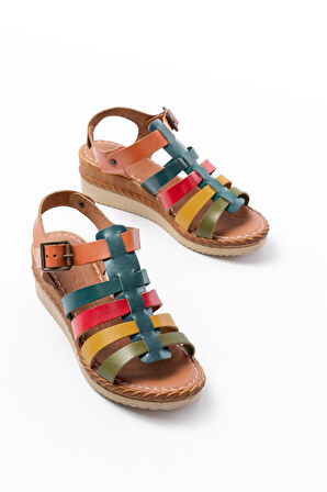 731-204 Multi  Hakiki Deri Dolgu Topuklu Günlük Kadın Sandalet