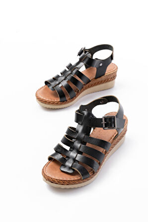 731-204 Siyah Hakiki Deri Dolgu Topuklu Günlük Kadın Sandalet   