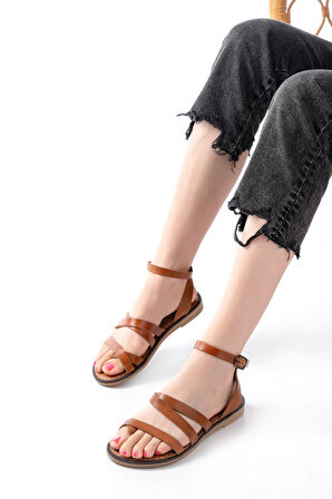 205-209 Taba  Hakiki Deri Tokalı Parmak Arası Kadın Sandalet