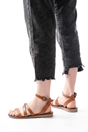 205-209 Taba  Hakiki Deri Tokalı Parmak Arası Kadın Sandalet