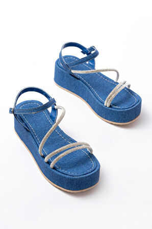 861-1017 Mavi Kot Taşlı Dolgu Topuklu Kadın Sandalet 