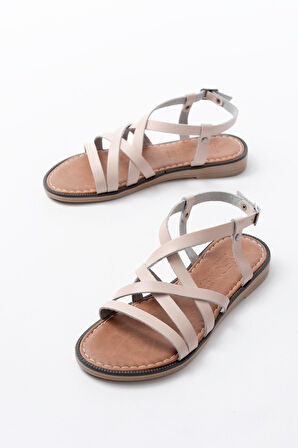 205-017 Bej Ortopedik Hakiki Deri Kadın Sandalet  