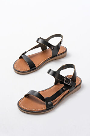 205-090 Siyah Hakiki Deri Tokalı Kadın Sandalet  