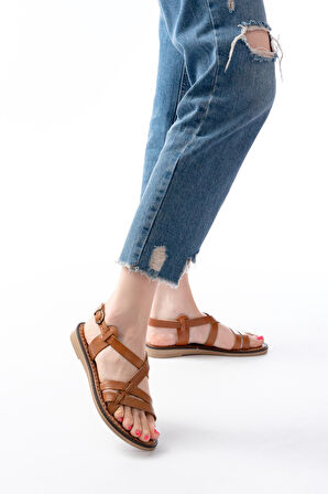 205-05 Taba Ortopedik Hakiki Deri Kadın Sandalet 