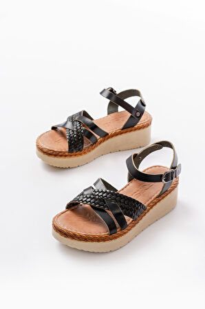 730-138 Siyah Örgü Hakiki Deri Ortopedik Taban Kadın Sandalet 