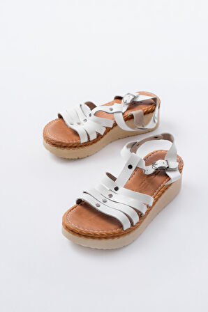 730-142 Beyaz Hakiki Deri Ortopedik Taban Kadın Sandalet 