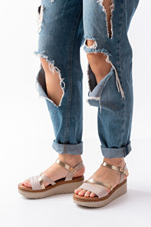 730-044 Bej Garni Ortopedik Örgü Desenli Hakiki Deri Dolgu Kadın Sandalet 