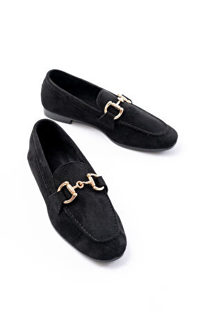 303 Siyah Süet Toka Aksesuarlı Günlük Kadın Babet