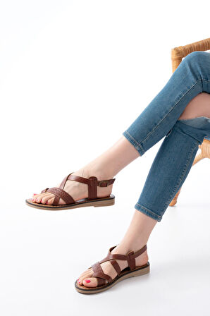205-09 Koyu Kahve Ortopedik Hakiki Deri Kadın Sandalet