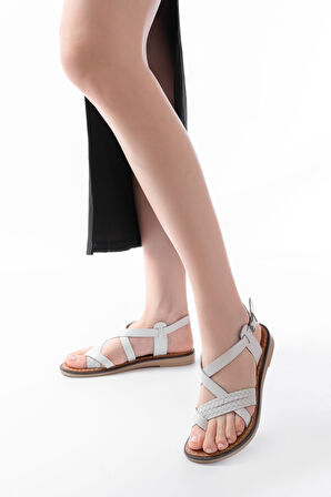 205-09 Beyaz Ortopedik Hakiki Deri Kadın Sandalet 