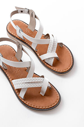 205-09 Beyaz Ortopedik Hakiki Deri Kadın Sandalet 