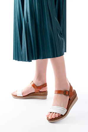 731-07 Beyaz Ortopedik Hakiki Deri Dolgu Kadın Sandalet 