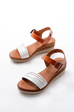 731-07 Beyaz Ortopedik Hakiki Deri Dolgu Kadın Sandalet 