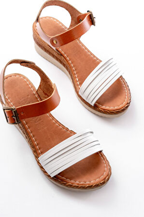 731-07 Beyaz Ortopedik Hakiki Deri Dolgu Kadın Sandalet 