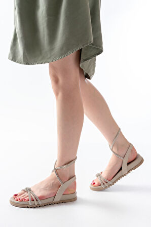 1001-1120 Bej Gümüş Taşlı Günlük Kadın Sandalet 