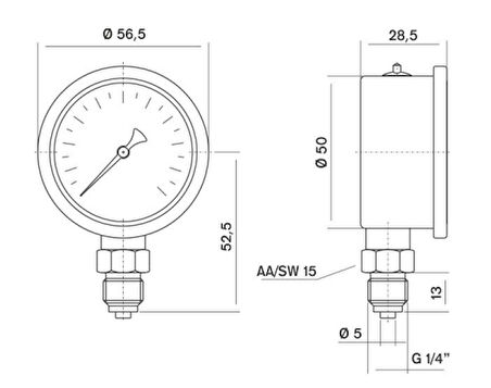 Pakkens 0-160 Bar 50 mm Alttan Bağlantılı Gliserinli Manometre G 1/4 inç