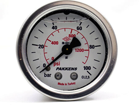 Pakkens 0-100 Bar 50 mm Arkadan Bağlantılı Gliserinli Manometre G 1/4 inç