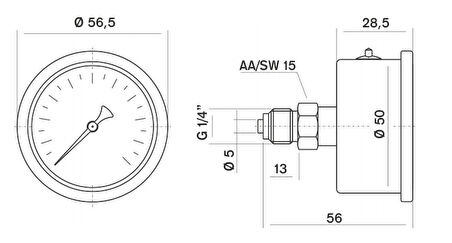 Pakkens 0-16 Bar 50 mm Arkadan Bağlantılı Gliserinli Manometre G 1/4 inç