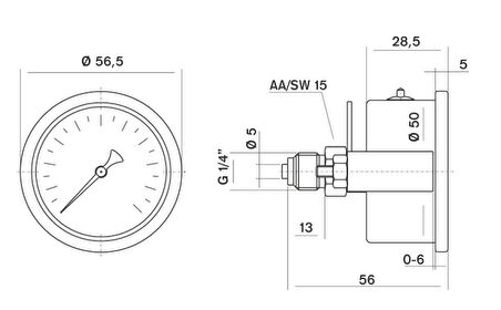 Pakkens 0-16 Bar 50 mm Arkadan Bağlantılı Panotipli Gliserinli Manometre G 1/4 inç