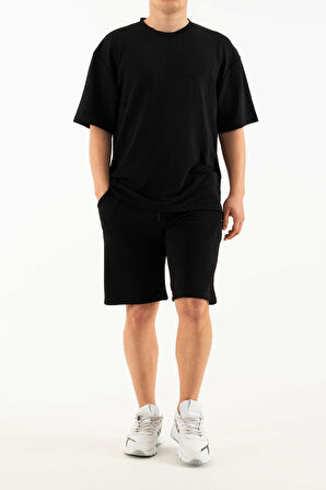 Erkek 2 li Set Cep Baskılı Oversize Comfort Rahat Kesim T-shirt  Şort Takım