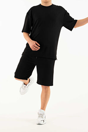 Erkek 2 li Set Cep Baskılı Oversize Comfort Rahat Kesim T-shirt  Şort Takım