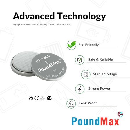PoundMax 5 adet 1620 (CR1620,DL1620) 3V düğme pil